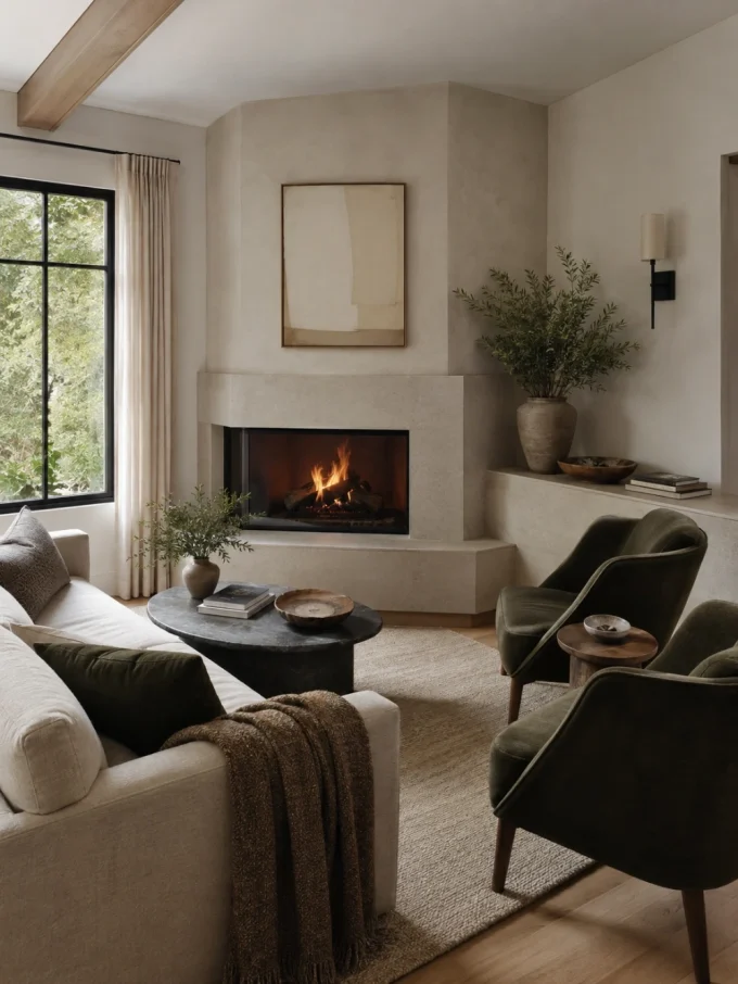 A corner fireplace with a diagonal surround and angled furniture