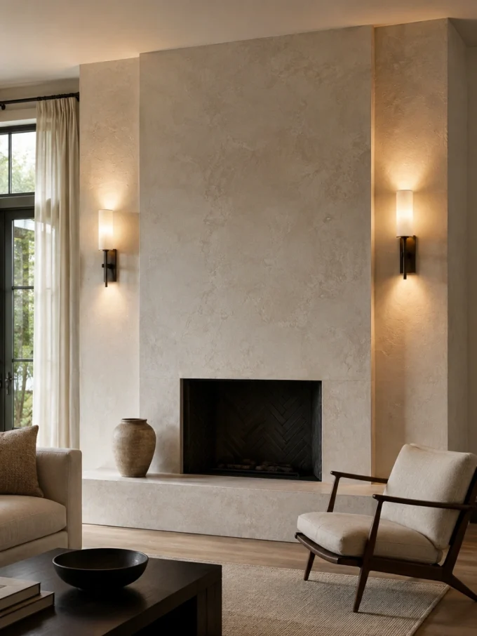 A minimalist fireplace with textured stone surround and two wall sconces
