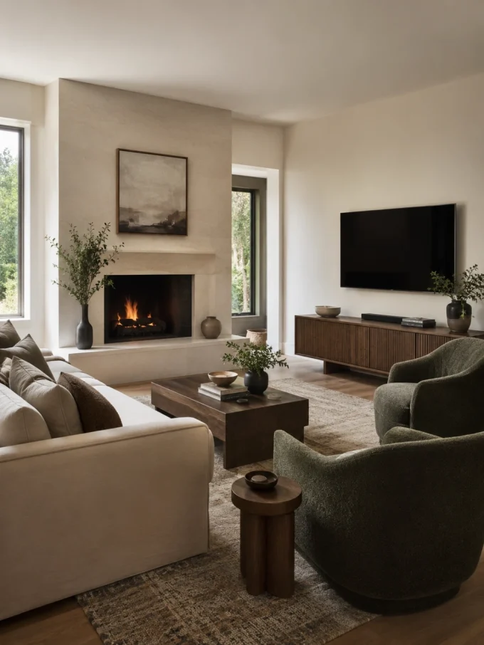 A living room with a lit fireplace, a television on a wooden credenza, and a sectional sofa separated from the fireplace.