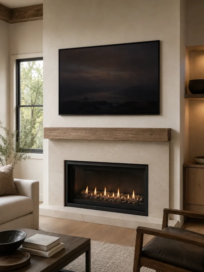 A wall-mounted TV above a fireplace with a wooden mantel and lit gas flames.