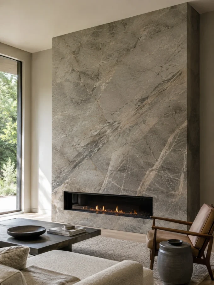 Large gray marble wall with a long horizontal fireplace and minimal decor