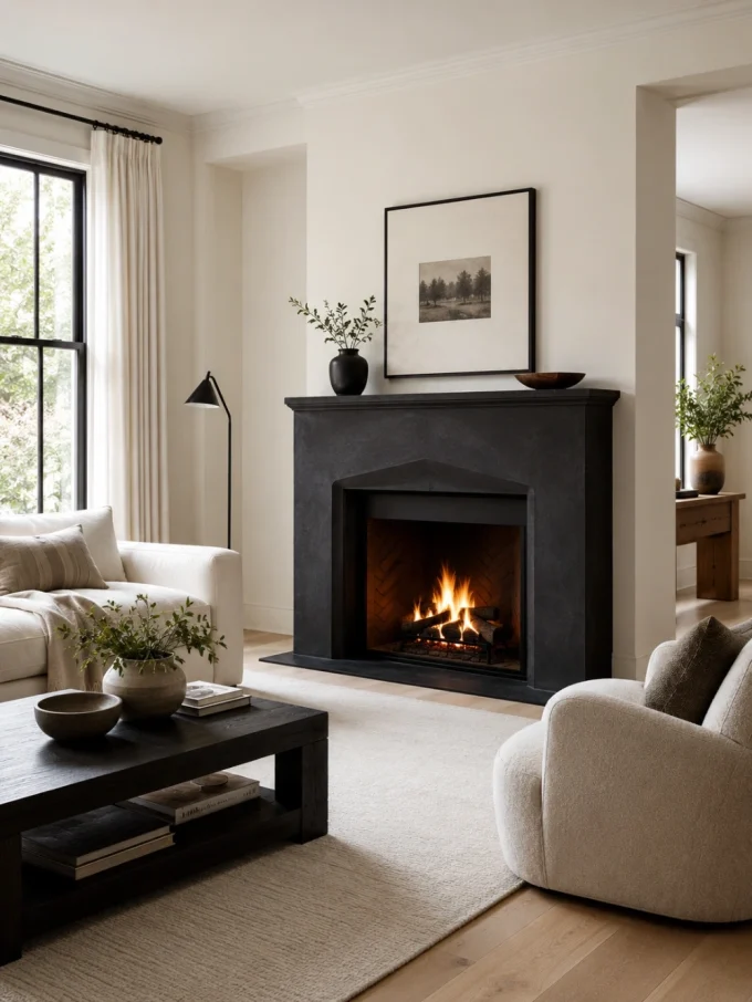 A dark gray fireplace with a lit fire sits against a white wall, flanked by a white couch and chair, with a black coffee table in the foreground.