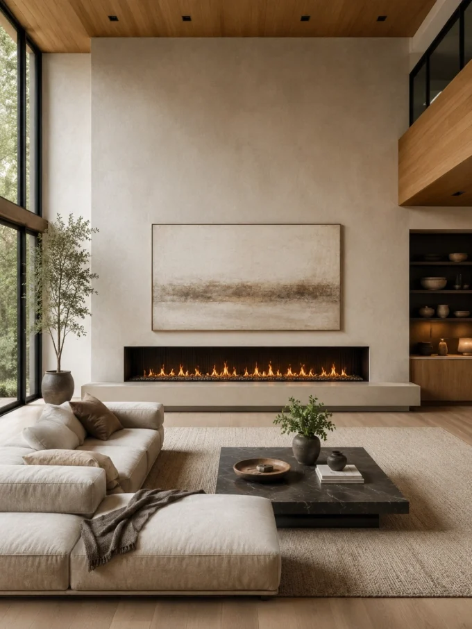 A wide modern fireplace with flames, under a large abstract painting, between a sectional sofa and tall windows.
