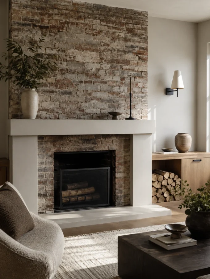 A white fireplace mantel with a vase and decor on top, in front of a brick wall with a black fireplace insert, with a chair and coffee table in the foreground.