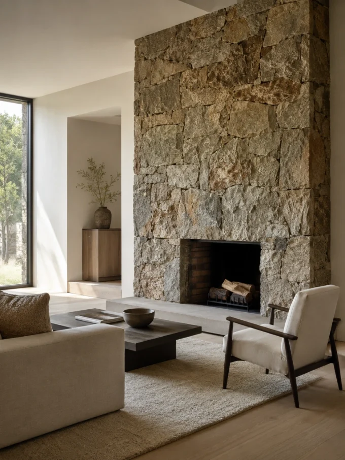 A rough stone fireplace in a modern living room with clean furniture lines and a limited color palette.