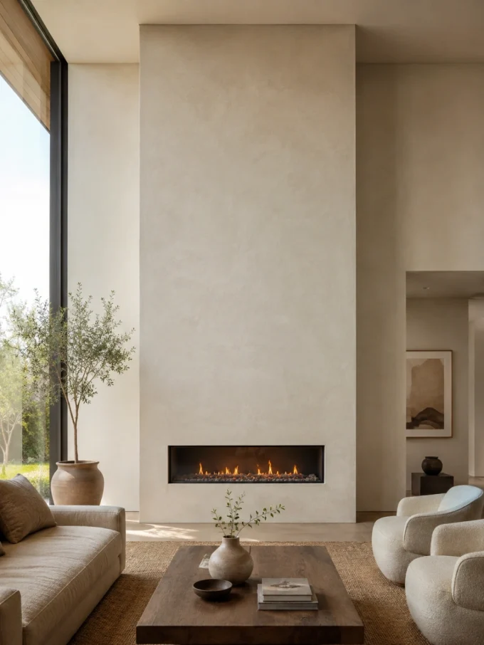A modern living room with a tall, plaster-covered fireplace that extends to the ceiling, featuring a lit gas fireplace and a minimalist interior design.
