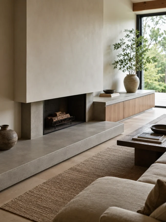 A wide, low concrete hearth in front of a fireplace with logs inside, adjacent to a cabinet and a vase with a plant on top.