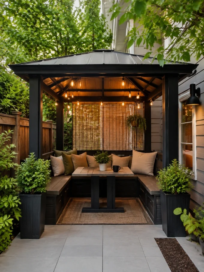 A compact outdoor gazebo with built-in seating, string lights, and plants