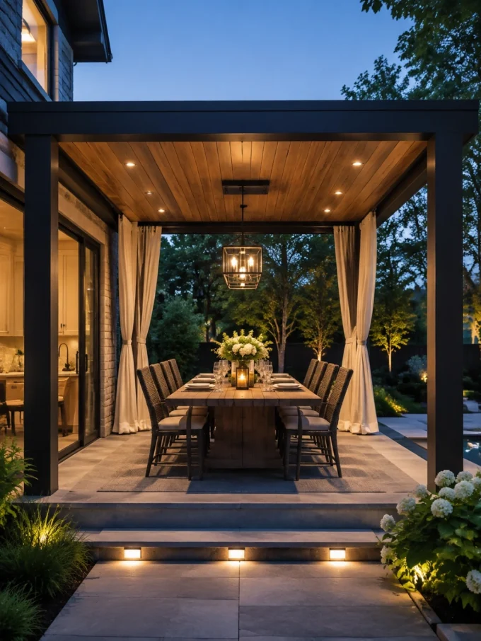 A dining table with six chairs under a covered patio with wood ceiling and lights
