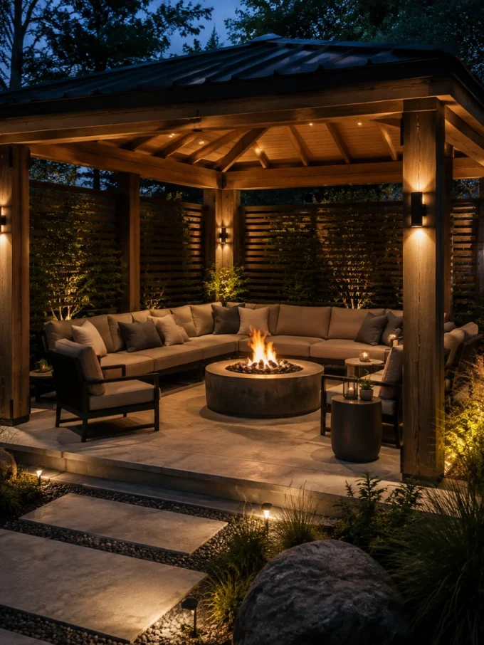 A cozy outdoor seating area with a fire pit under a gazebo at night