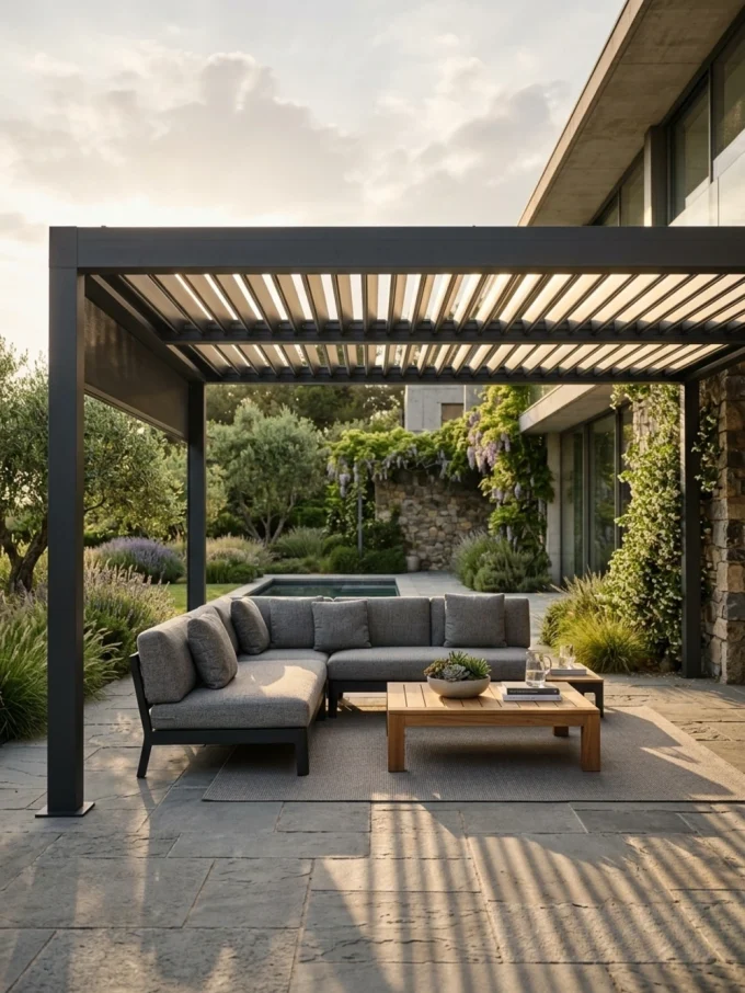 Outdoor seating area with adjustable louvred roof gazebo, gray sectional sofa, and wooden coffee table on stone patio