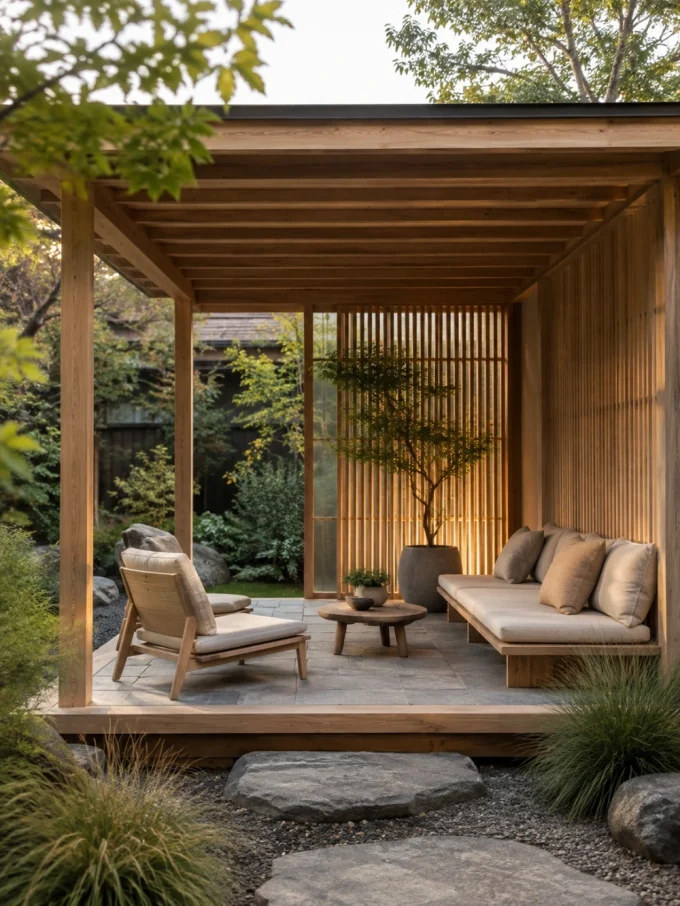 A Japandi-inspired gazebo with a wooden structure, beige cushioned seating, and natural elements like plants and stone