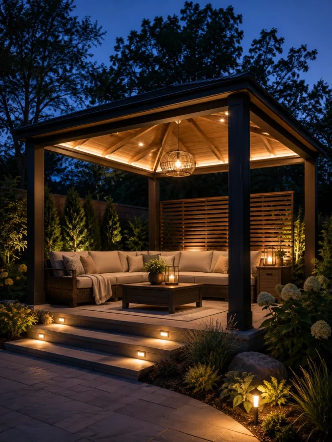 A gazebo with a hanging light, couch, coffee table, and lit steps and ceiling