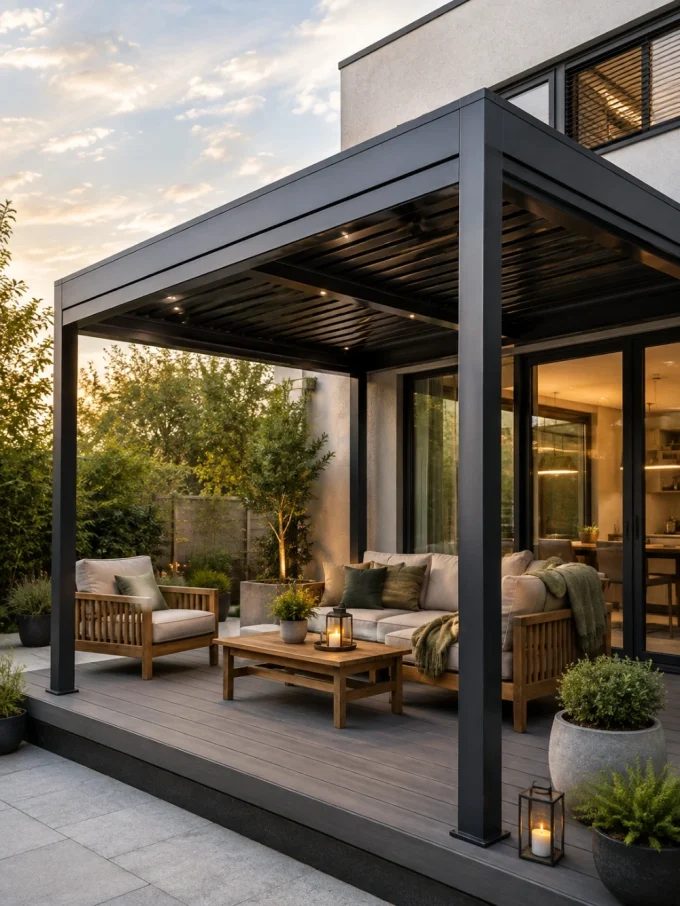 A modern outdoor patio with aluminium pergola, wooden furniture, and warm lighting