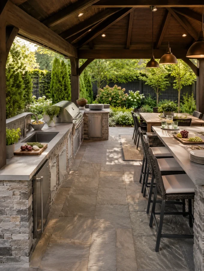 Outdoor kitchen island with bar seating, grill, sink, and countertops