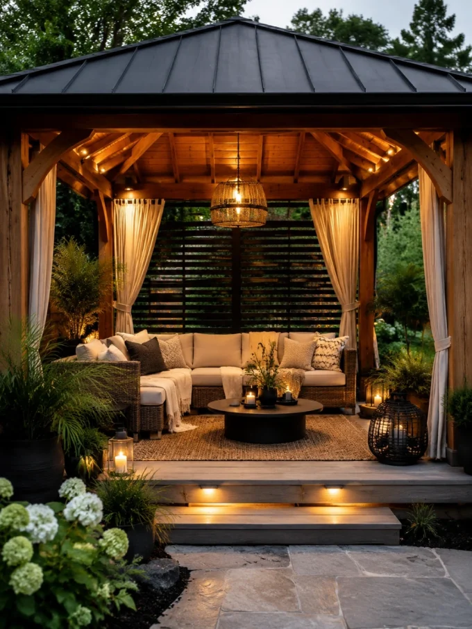 A cozy outdoor living room in a gazebo with comfortable seating, side tables, and warm lighting.