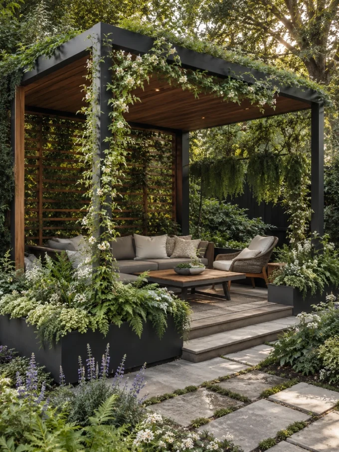 A modern gazebo with a black frame and wooden ceiling, adorned with lush greenery and white flowers, featuring a gray sectional sofa, wooden coffee table, and wicker chair on a stone patio.