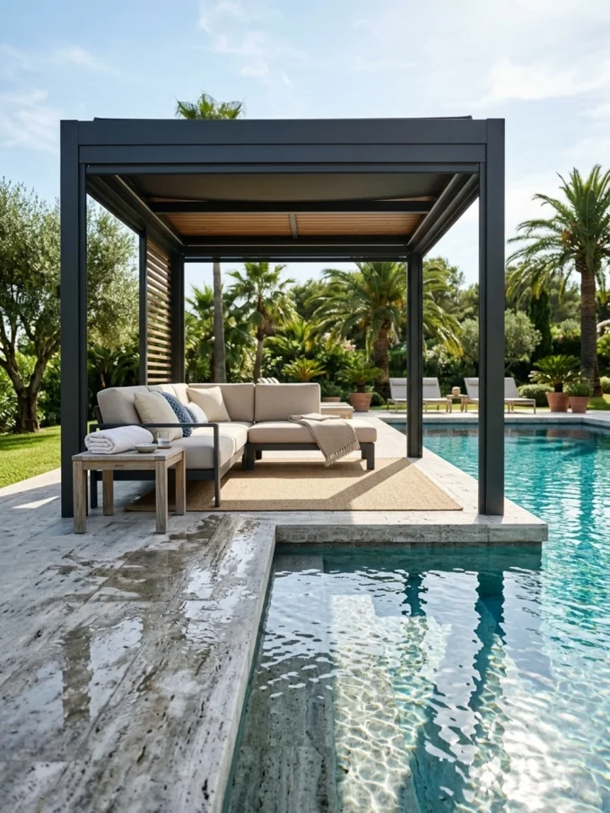 A poolside gazebo with a beige sectional sofa and wooden coffee table beside a swimming pool