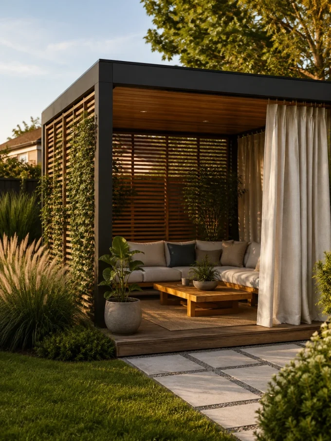 A modern gazebo with timber slatted panels, outdoor curtains, and climbing plants, featuring a sectional sofa and coffee table.