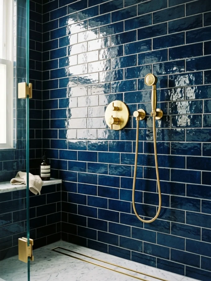 glossy navy blue subway tiles in a shower with gold fixtures