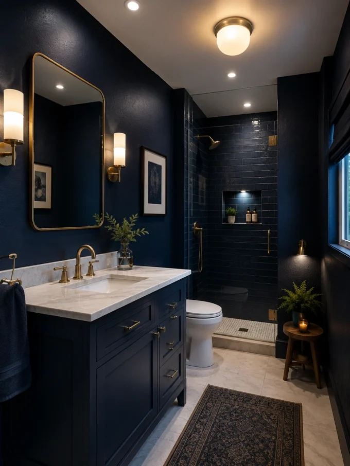 Bathroom vanity with layered lighting, including ceiling fixture, sconces, and mirror light