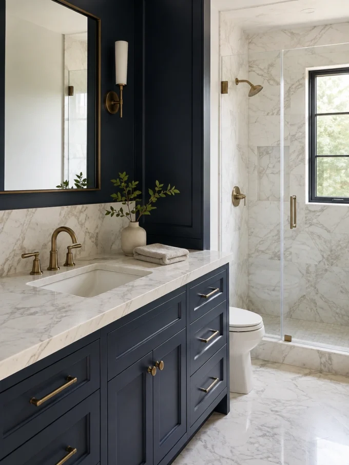 Marble countertop and shower walls beside navy blue vanity