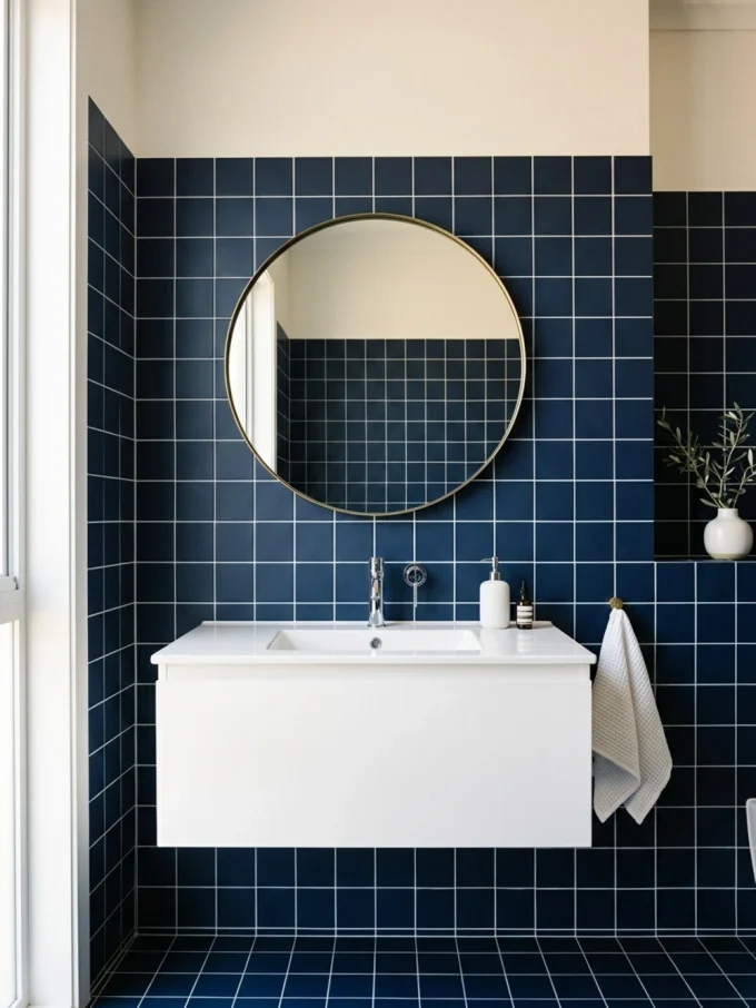 A white wall-mounted sink with a round mirror above it, set against a navy blue tiled wall and floor, with a white towel hanging on the right side.