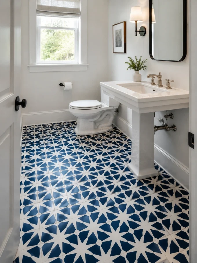 Bathroom floor with blue and white geometric patterned tiles, white pedestal sink, and toilet