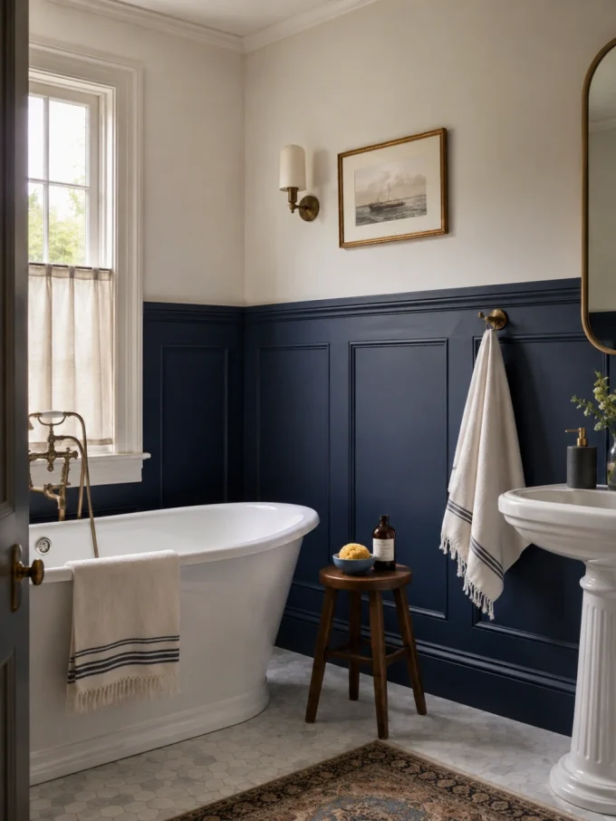 Navy blue wainscoting below lighter upper wall in a traditional bathroom with freestanding tub and white pedestal sink