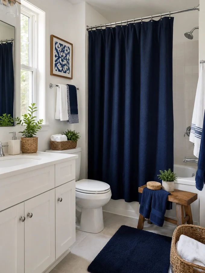 Navy blue shower curtain and bath mat in a white bathroom with timber stool and wicker baskets