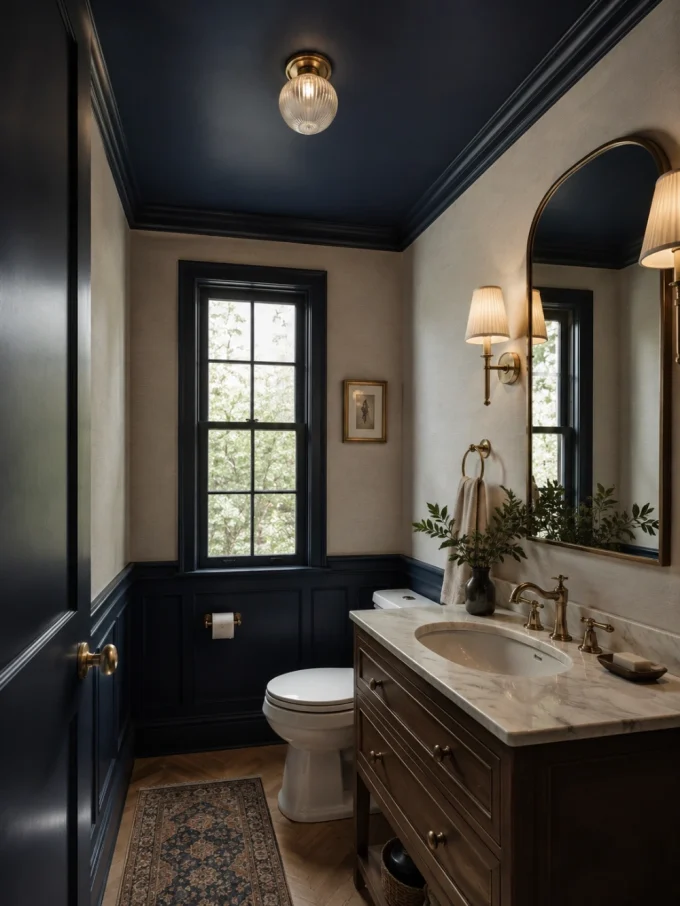 A navy blue ceiling in a small bathroom with a white sink and toilet