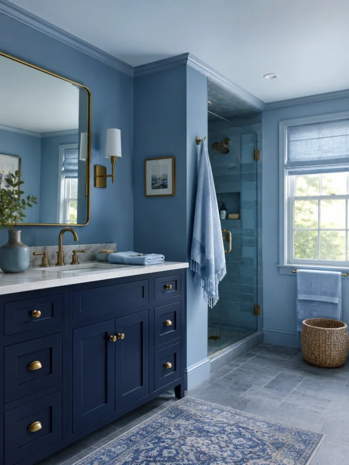 A navy-blue vanity with gold hardware stands beneath a large mirror, beside a glass-enclosed shower with blue tile and a pale blue ceiling.