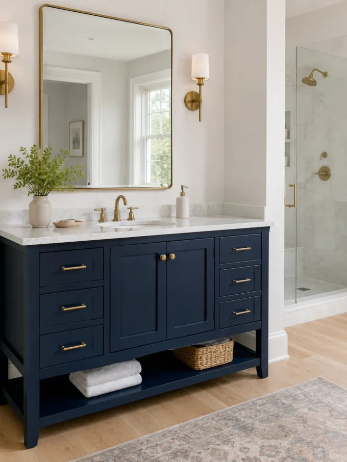 Navy blue bathroom vanity with white marble countertop and gold fixtures