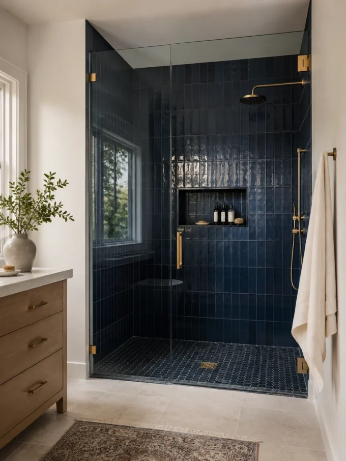 A navy blue tiled walk-in shower with glass enclosure and gold fixtures