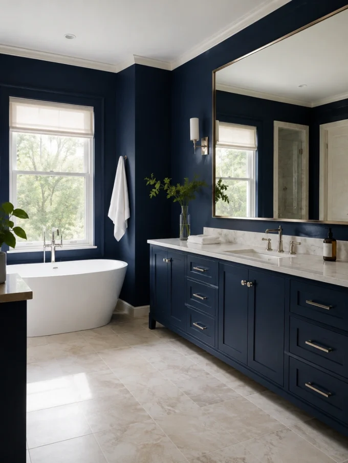 Navy blue bathroom with white freestanding tub, large mirror, and double vanity
