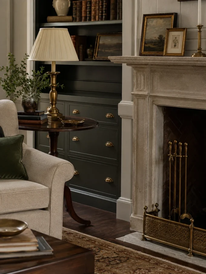 Brass lamp, plant, and picture frames on a fireplace mantel with a beige armchair and dark green cabinet.