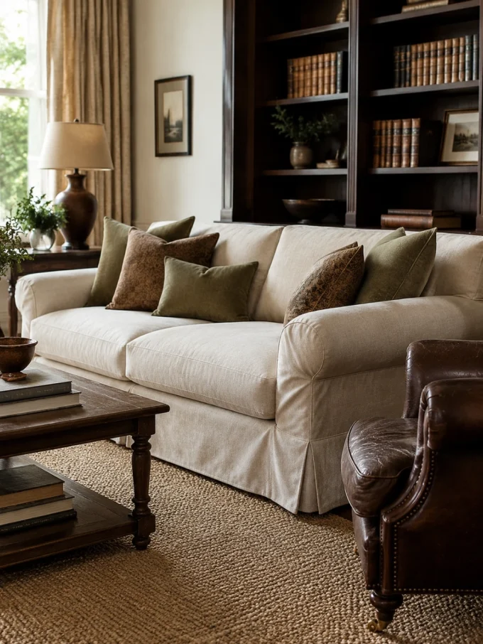 A beige sofa with green and brown pillows, a dark wood coffee table with books, and a brown leather armchair in a room with a bookshelf and window.
