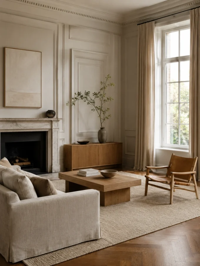 A beige sofa, wooden coffee table, and chair on a natural fiber rug in a room with a fireplace and large window.
