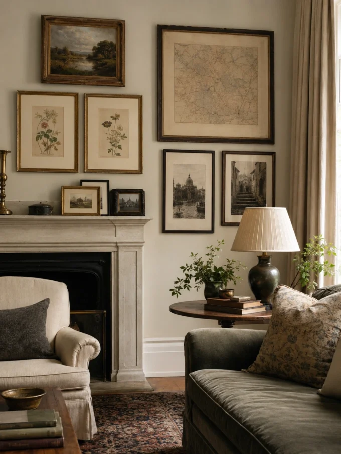 A living room wall with a mix of framed landscape painting, botanical prints, vintage map, and black-and-white photography arranged above a fireplace mantle.