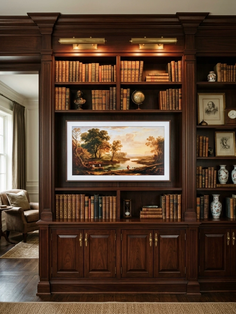 A large TV screen is integrated into a dark wooden bookcase with decorative items and books