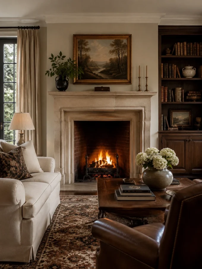 A lit fireplace with a stone surround, wooden mantel, and traditional proportions, flanked by a vase of flowers and a painting above.