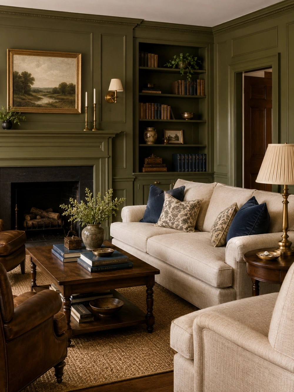 Olive green living room with cream sofa, navy accents, and warm wood furniture
