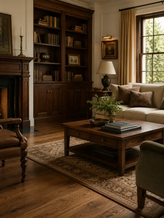 A living room with dark wood floors, a wooden coffee table, and a beige couch with brown pillows.