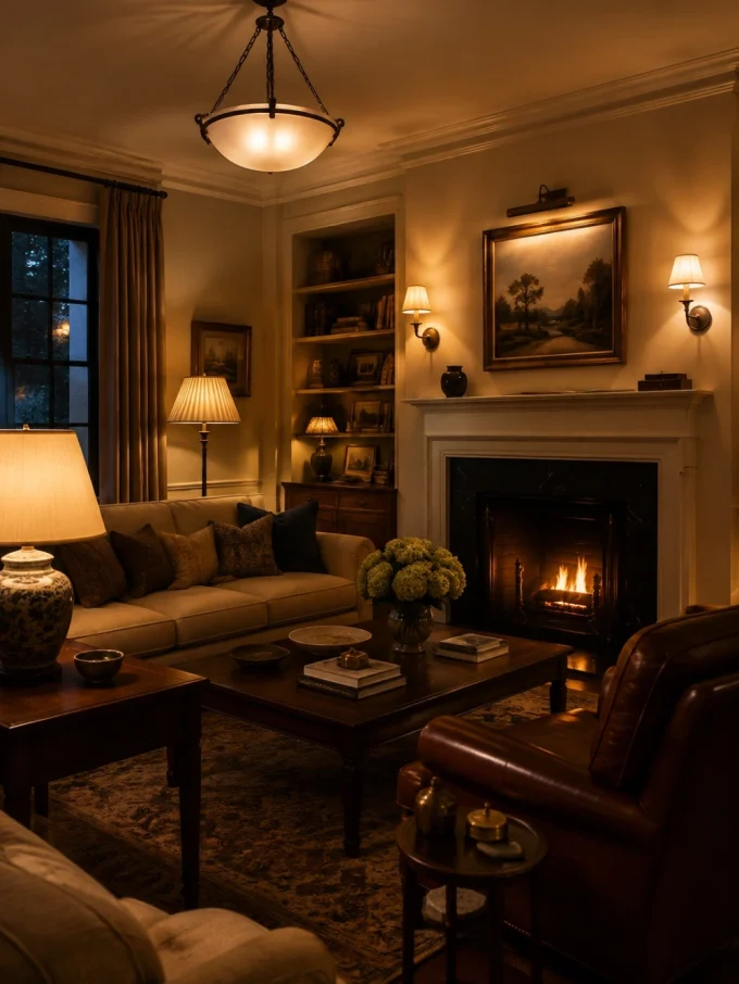 A living room with layered lighting, including a ceiling fixture, table lamps, and wall sconces.