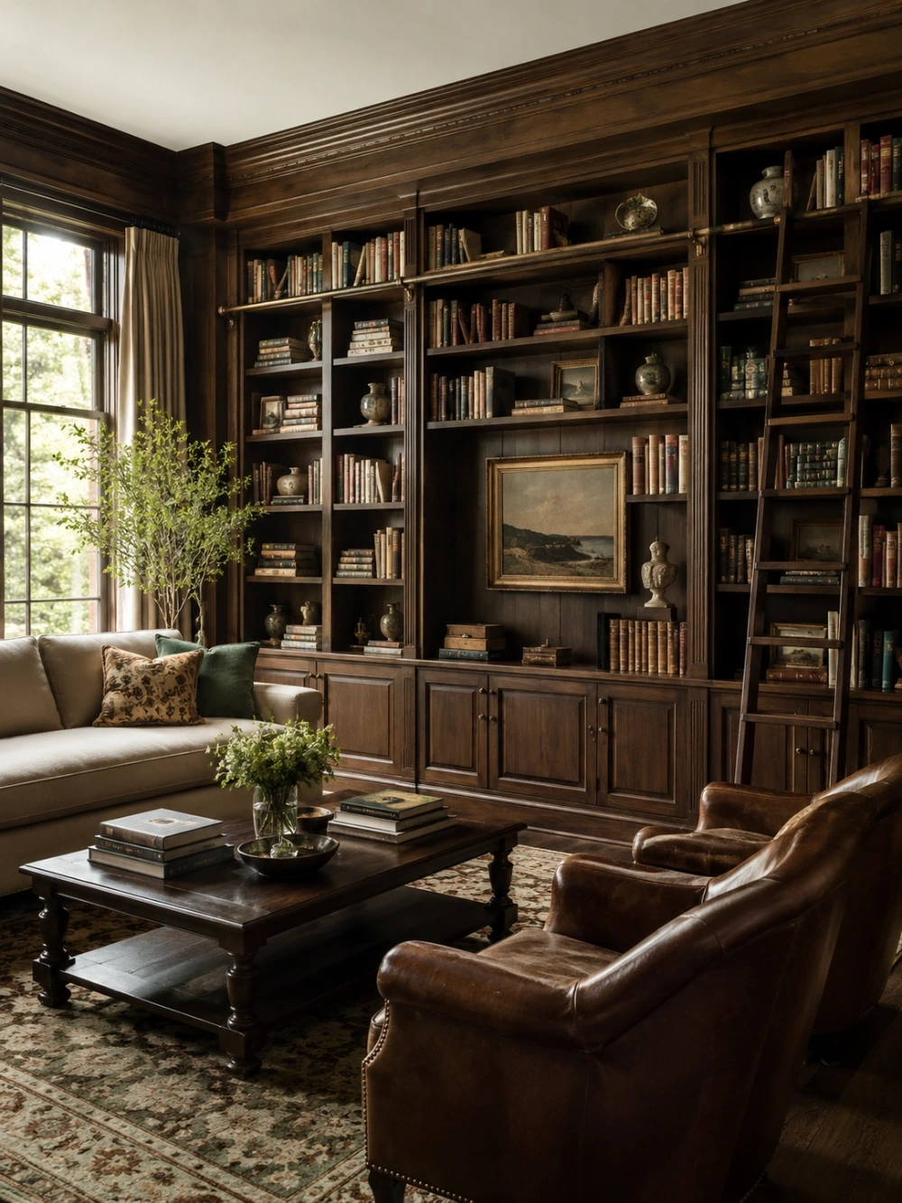 Elegant traditional living room featuring dark wood built-in bookshelves, antique books, leather club chairs, a linen sofa, and classic old money decor.