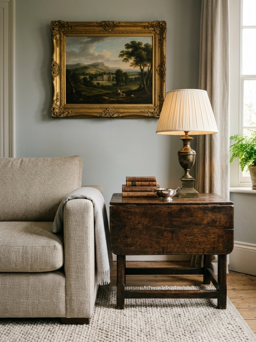A beige sofa beside a wooden side table with a lamp, books, and a bowl, under a gold-framed landscape painting.