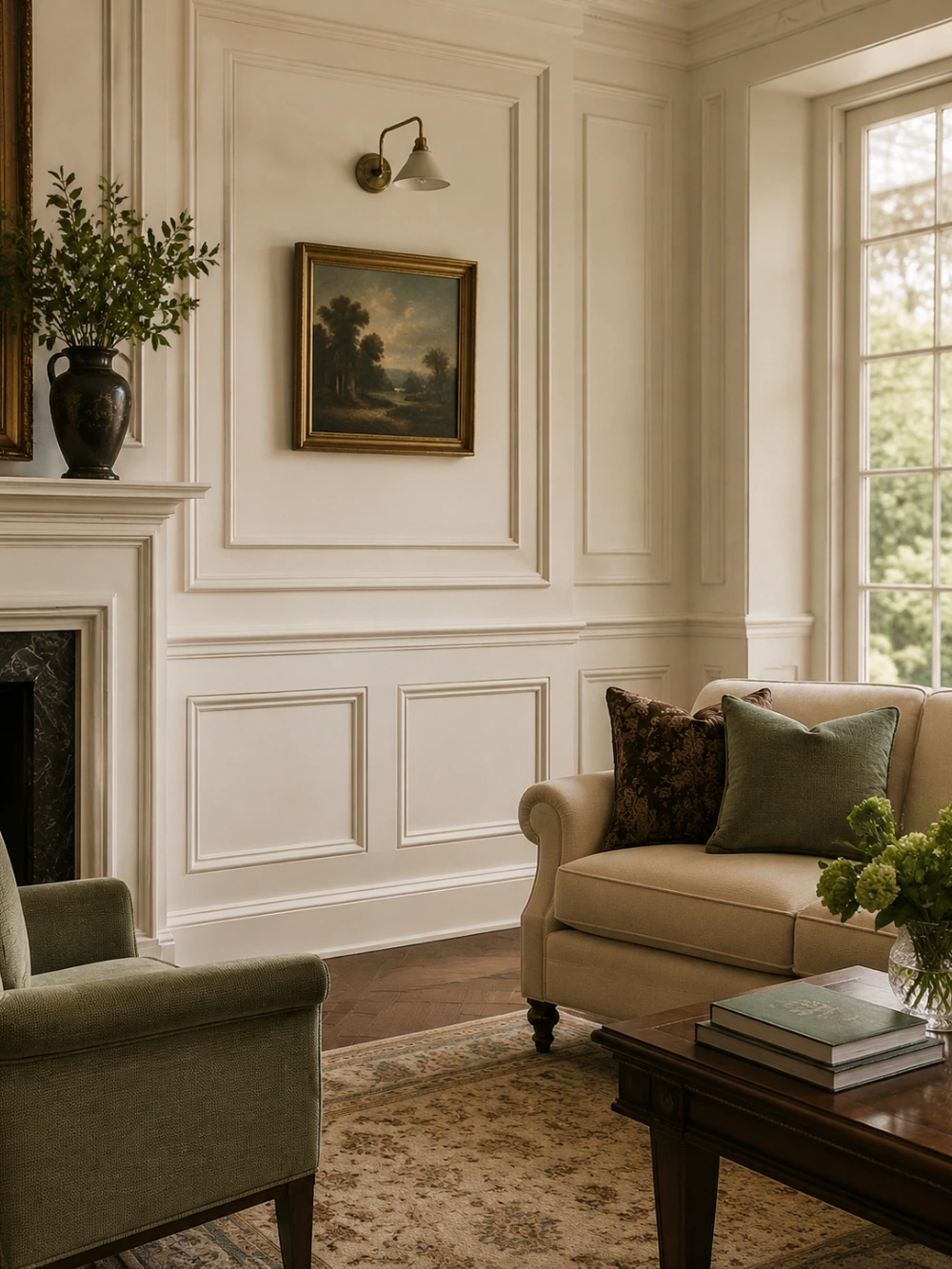 A living room wall with white wainscoting and picture molding