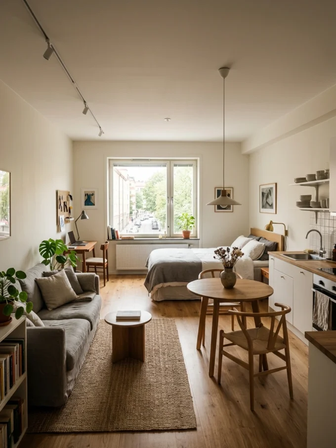 A studio apartment with zones for living, sleeping, dining, and working, defined by furniture arrangement.