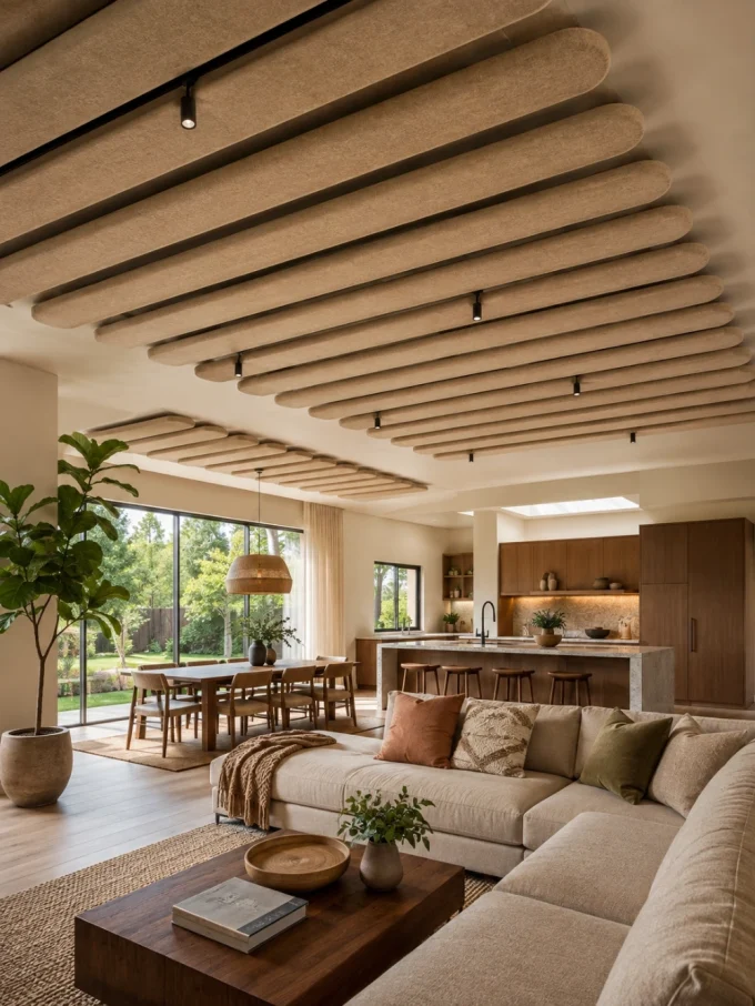 A beige sectional sofa with throw pillows sits in a modern open-plan living space with a kitchen island, dining table, and large windows.