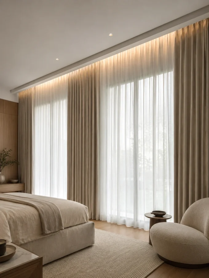 A bed with beige bedding and a chair sit on a rug in front of a wall of windows with sheer curtains.